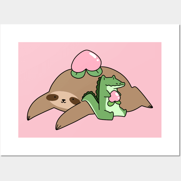 Peach Fruit Sloth and Baby Gator Wall Art by saradaboru